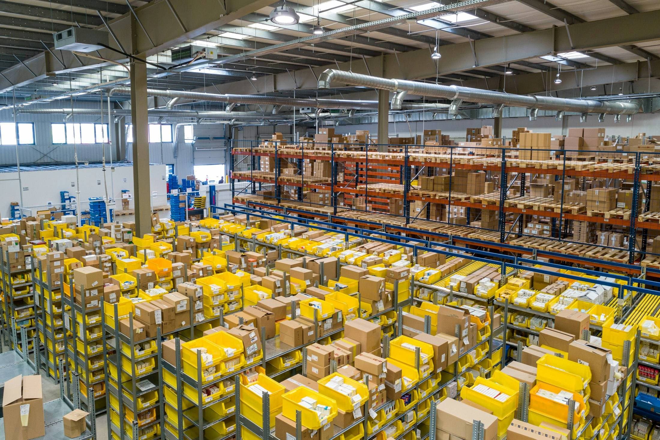 Packed export lots staged for container loading